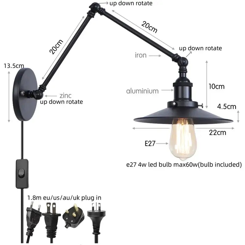 Industrial vintage black iron wall light bedroom adjustable long arm