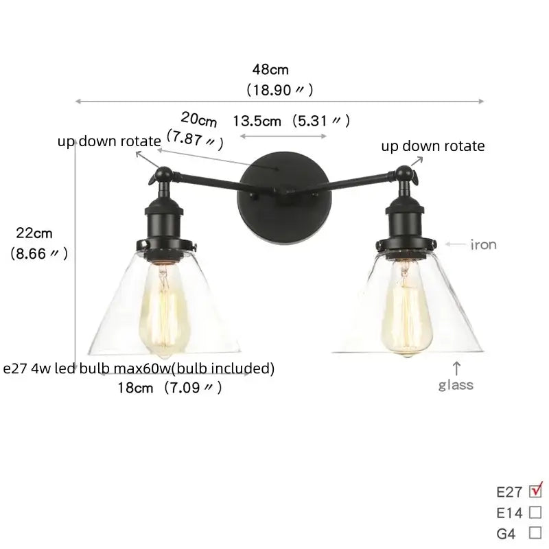 Industrial vintage black led wall lamp bathroom glass sconce