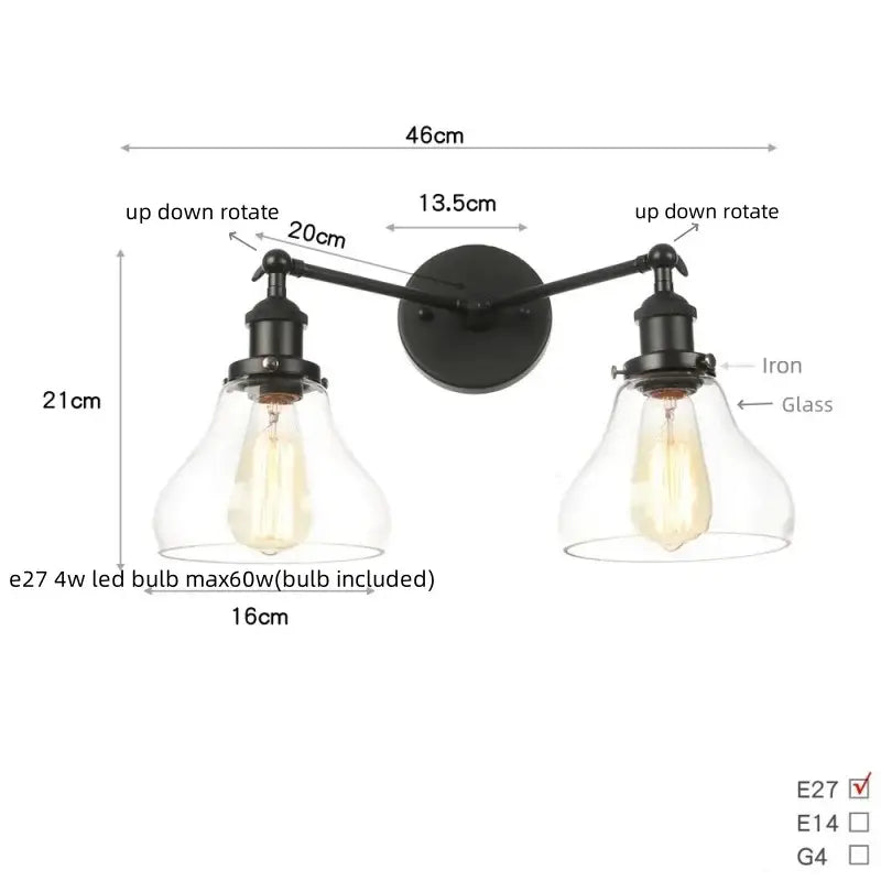 Industrial vintage black led wall lamp bathroom glass sconce