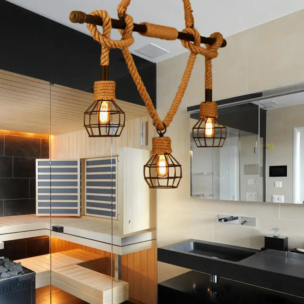 Industrial vintage black metal cage pendant light kitchen wood beam