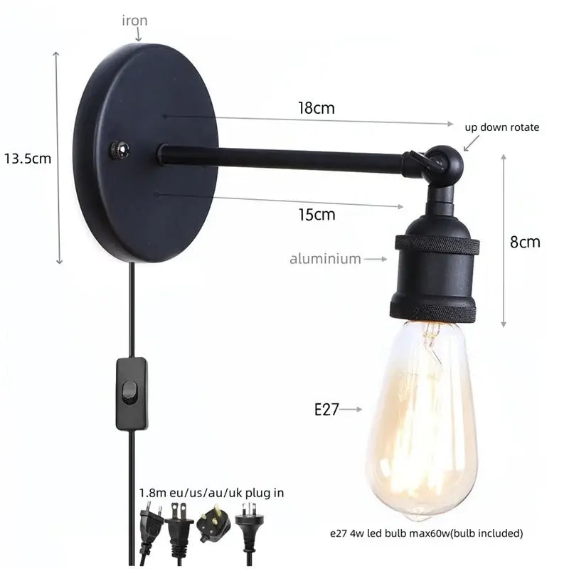 Industrial vintage black wall light bathroom led sconce