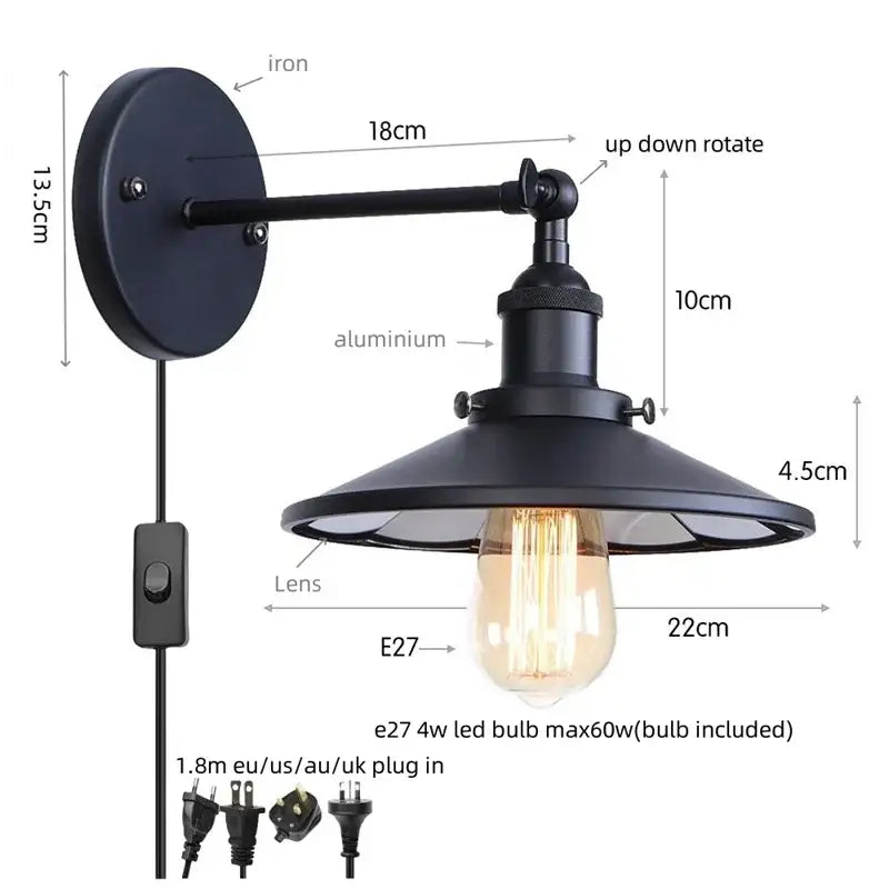 Industrial vintage black wall light bathroom led sconce