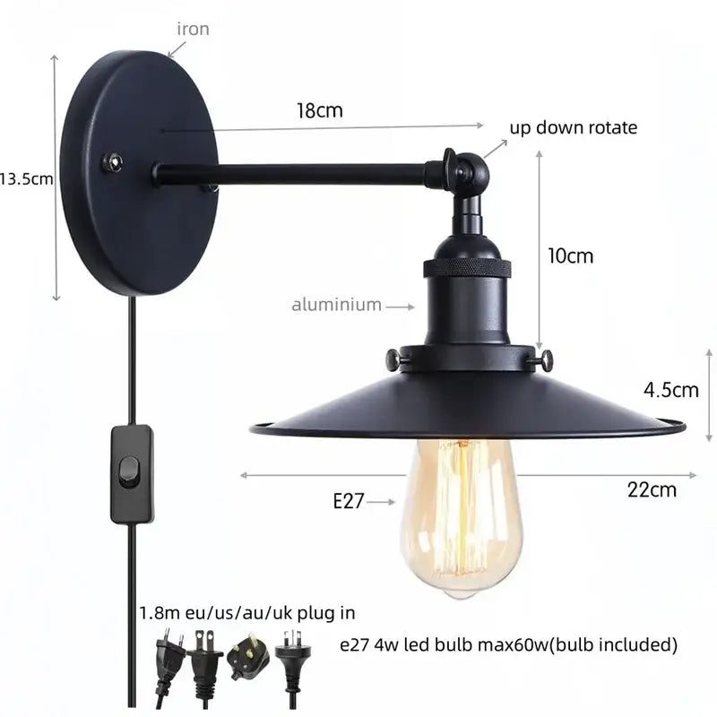 Industrial vintage black wall light bathroom led sconce
