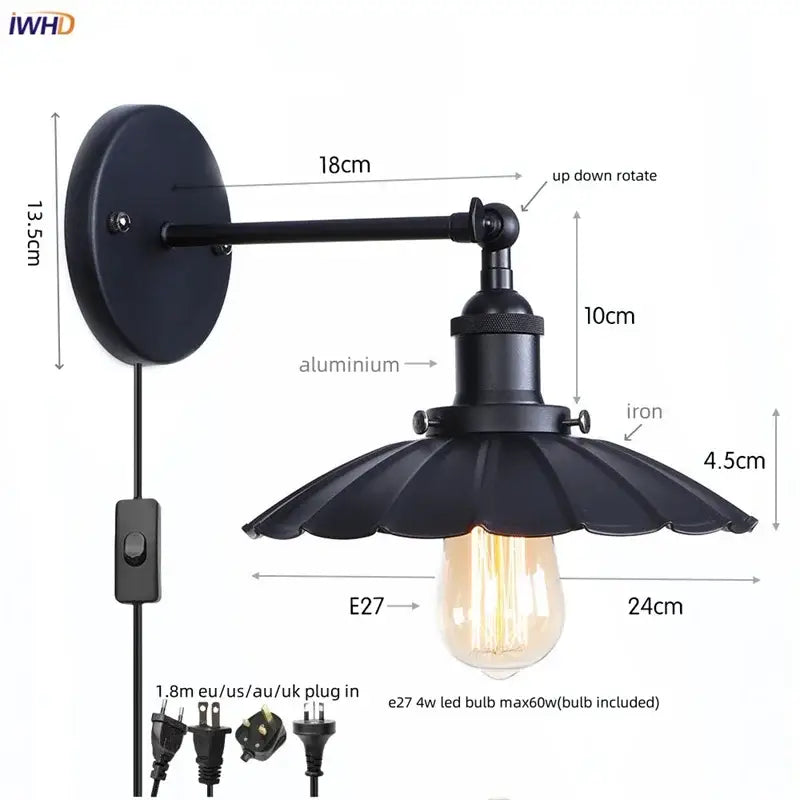 Industrial vintage black wall light bathroom led sconce