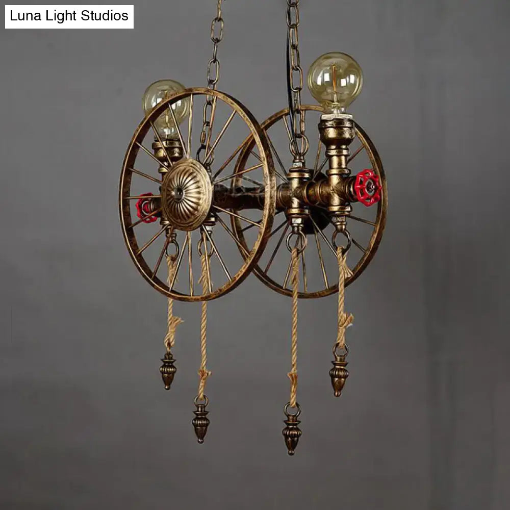 Industrial vintage brass bicycle wheel design pendant light restaurant