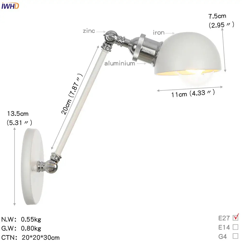 Industrial white and chrome adjustable swing arm wall sconce bedroom
