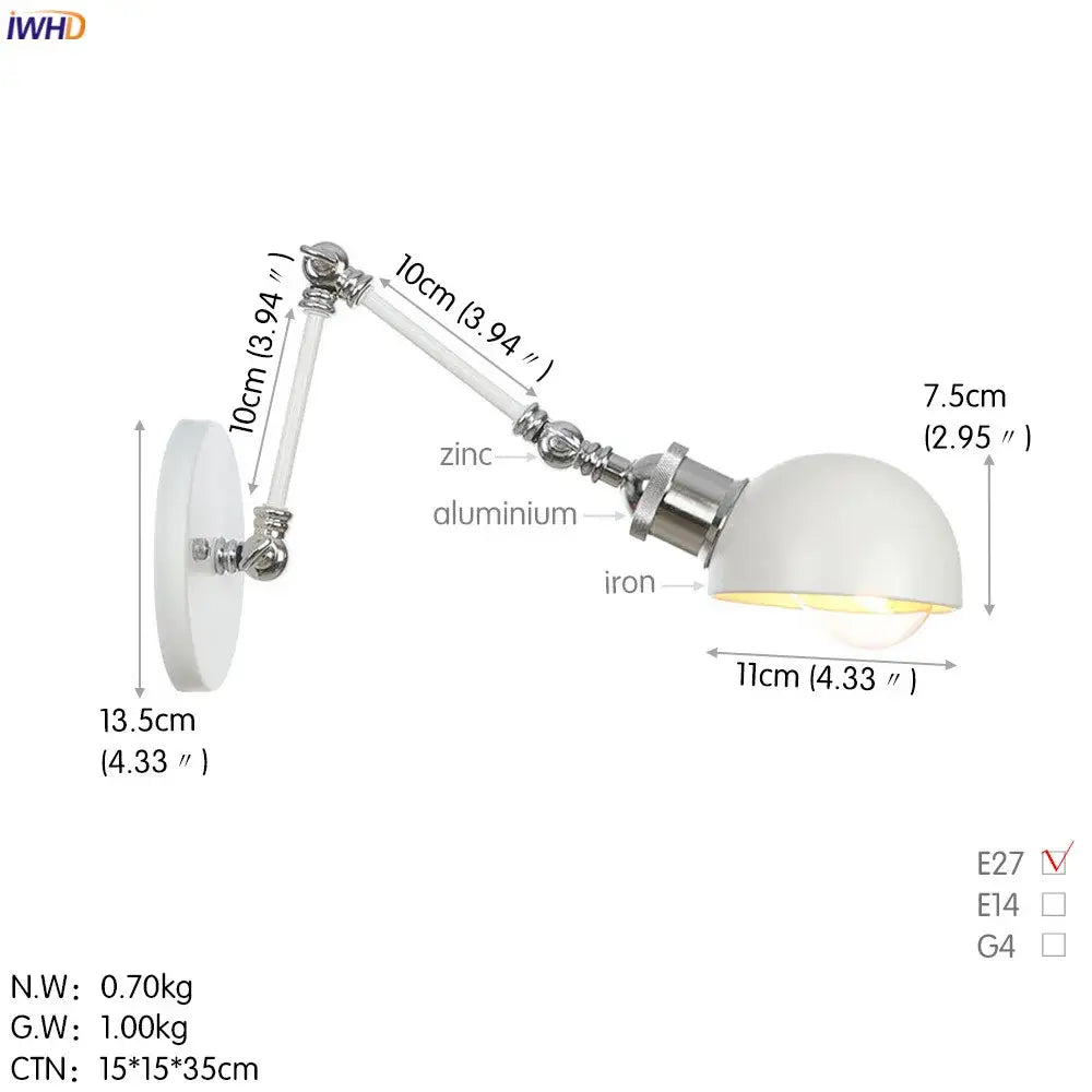 Industrial white and chrome adjustable swing arm wall sconce bedroom