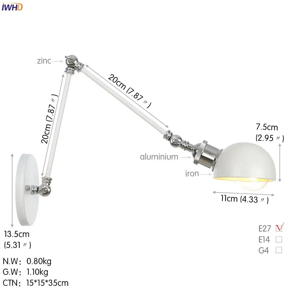 Industrial white and chrome adjustable swing arm wall sconce bedroom