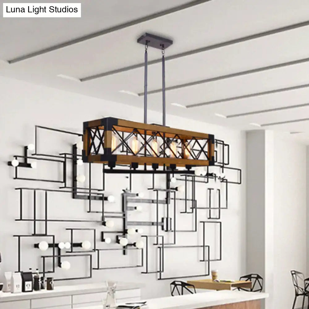 Industrial wood and black metal pendant light dining room four bulb