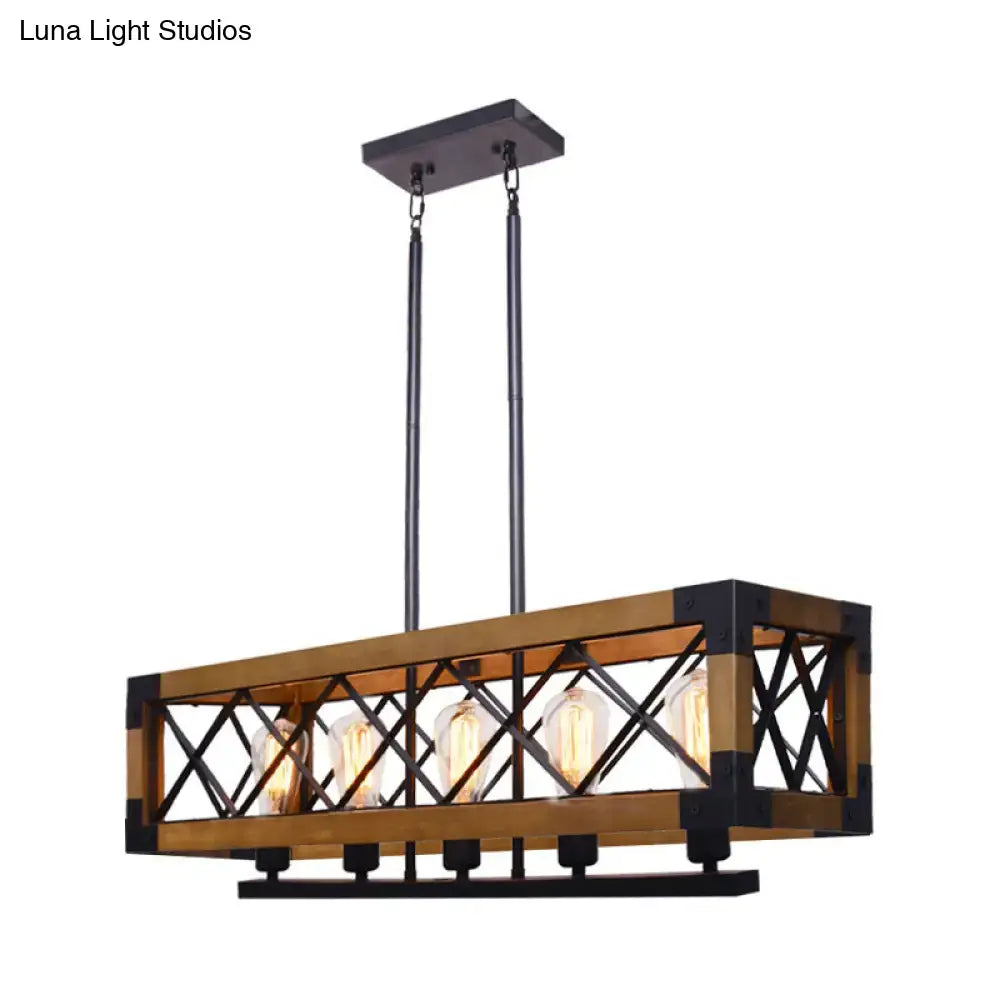 Industrial wood and black metal pendant light dining room four bulb