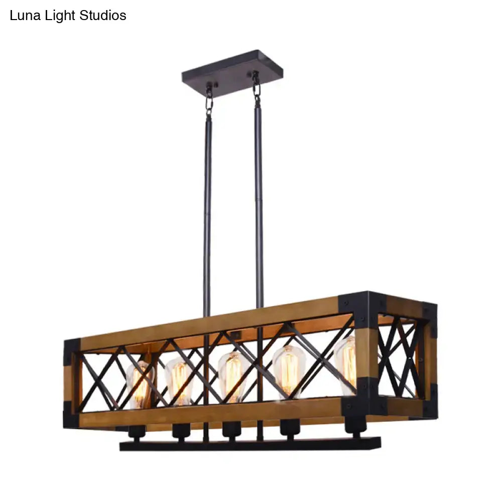 Industrial wood and black metal pendant light dining room four bulb