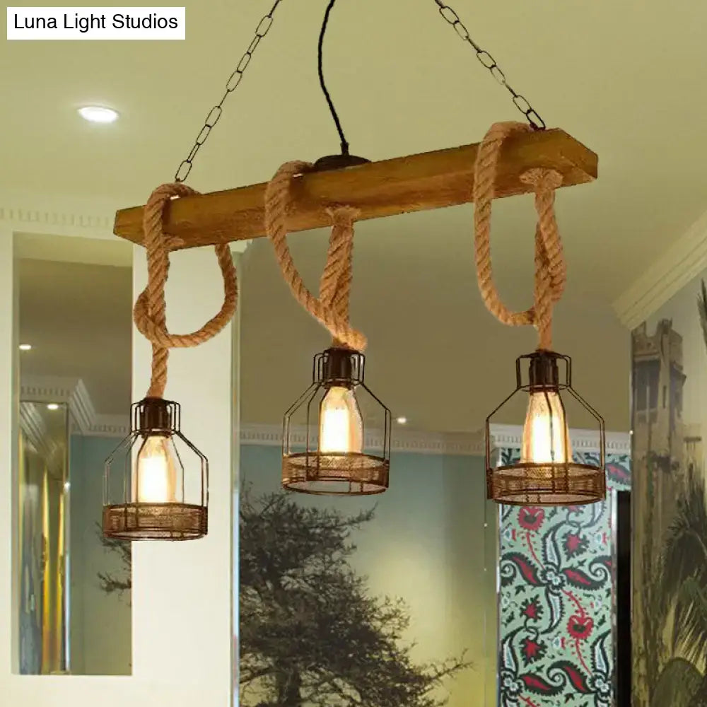Industrial wood and rope caged restaurant island lighting kitchen chandelier
