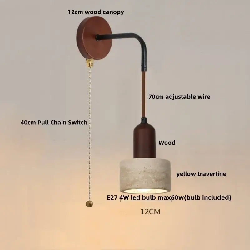 Industrial yellow travertine wall lamp with pull chain switch bedroom