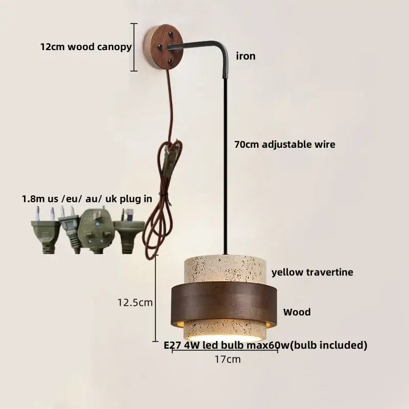 Industrial yellow travertine wall lamp with pull chain switch bedroom