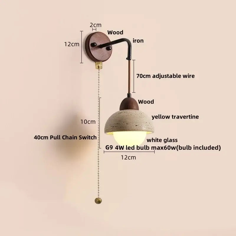 Industrial yellow travertine wall lamp with pull chain switch bedroom