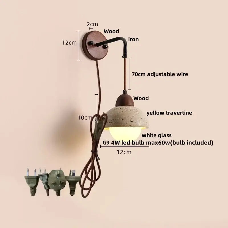 Industrial yellow travertine wall lamp with pull chain switch bedroom