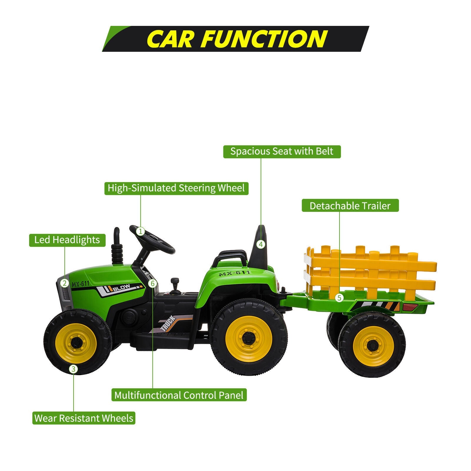 Interactive 12V Ride-On Tractor Truck with Music and Detachable Trailer - Perfect Gift for Boys and Girls