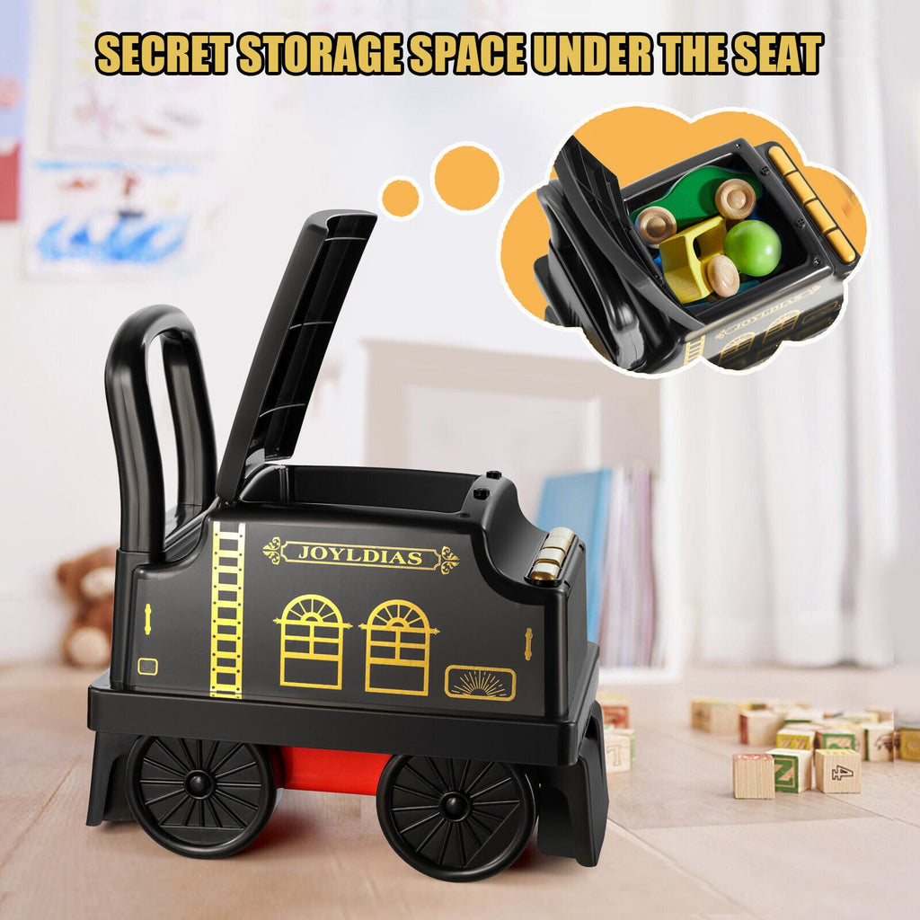 Interactive 6V Electric Kids Train Set with Track, Carriage, Lights, Whistle, Music, Storytelling, and Storage