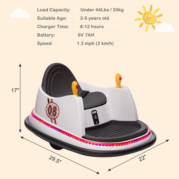 Interactive LED Bumper Car for Kids and Toddlers with Remote Control - White