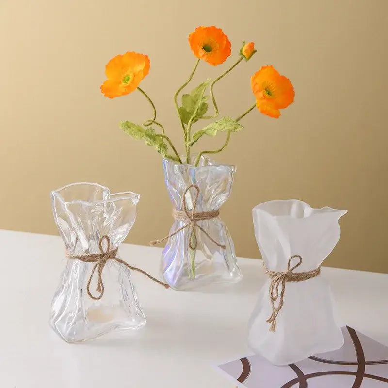 Irregular folded clear glass vase living room flower ornament