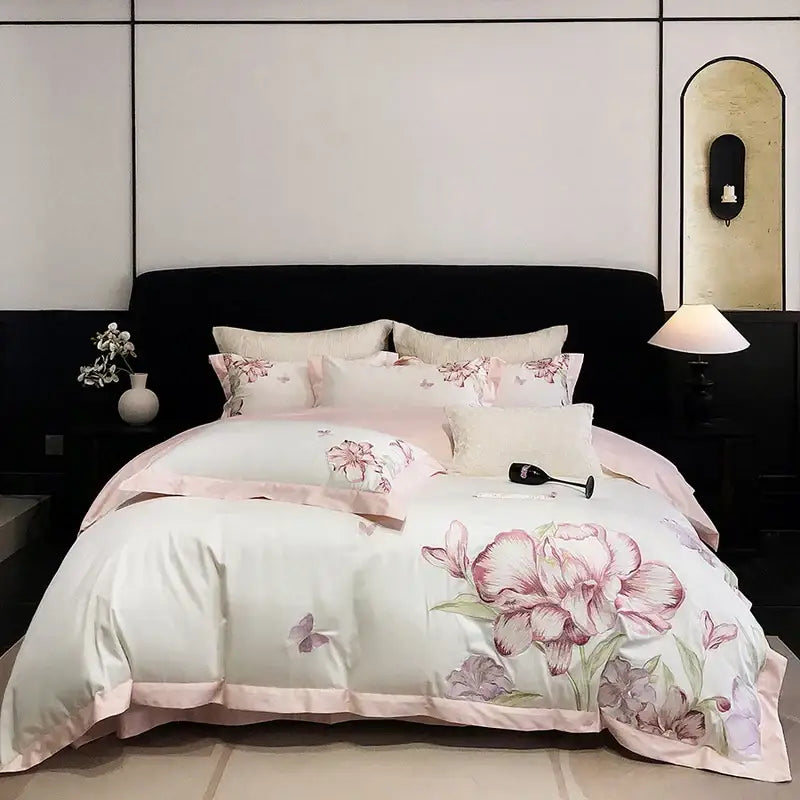 Ivory floral blooming flowers embroidery bedding set bedroom duvet cover