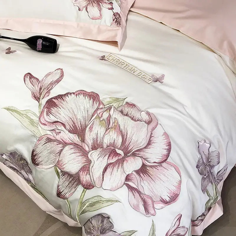 Ivory floral blooming flowers embroidery bedding set bedroom duvet cover