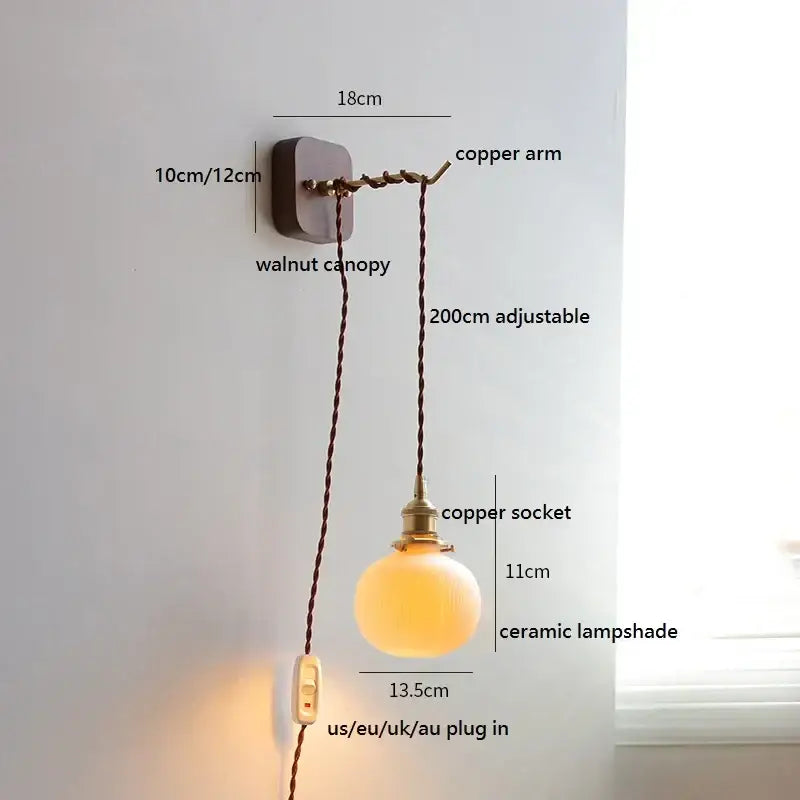 Japanese ribbed glass ceramic led wall light for bedroom