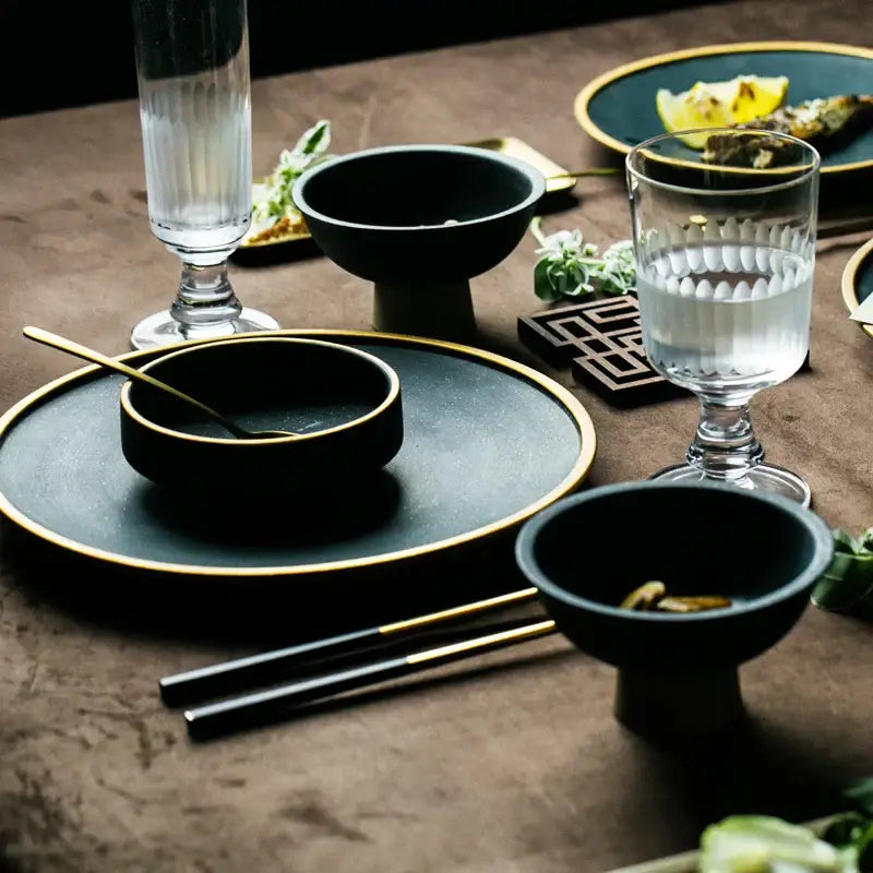 Japanese style teal & gold ceramic dinner plate dining room set