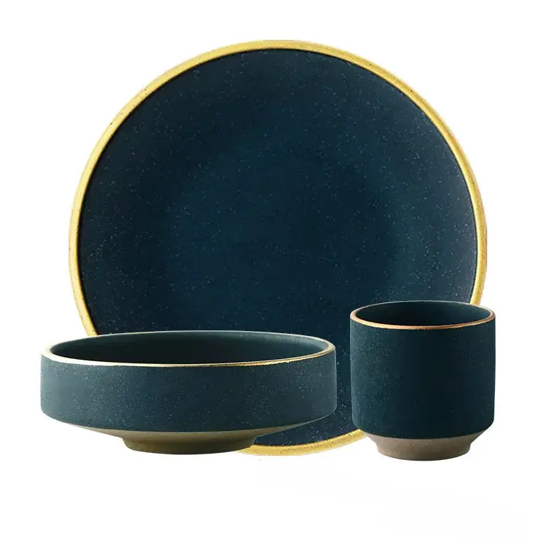 Japanese style teal & gold ceramic dinner plate dining room set