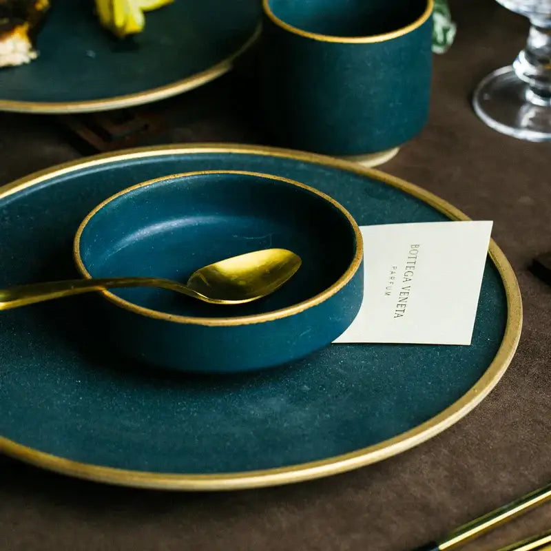 Japanese style teal & gold ceramic dinner plate dining room set