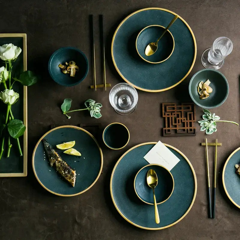Japanese style teal & gold ceramic dinner plate dining room set
