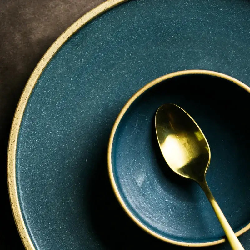 Japanese style teal & gold ceramic dinner plate dining room set