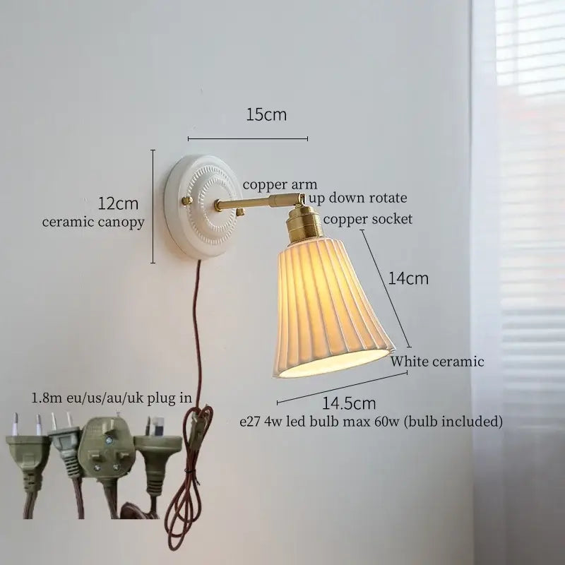 Japanese vintage white ceramic led wall sconce bedroom light