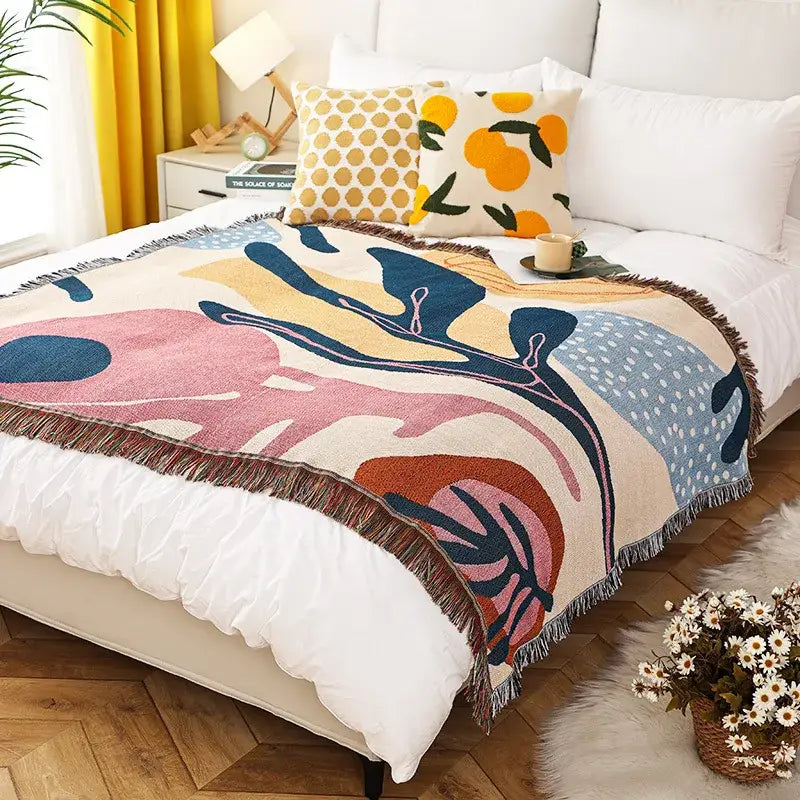 Jungle pink & cream leopard print throw blanket bedroom fringed decor
