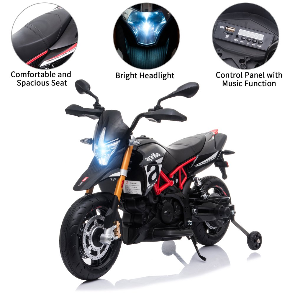 Kid's Electric Motorcycle with Training Wheels, LED Lights, and MP3 Player - Black (12V)