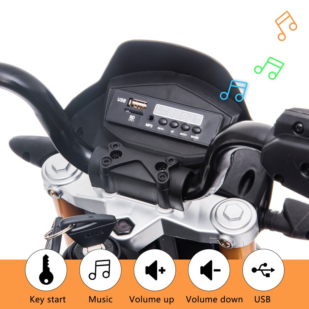 Kid's Electric Motorcycle with Training Wheels, LED Lights, and MP3 Player - Black (12V)
