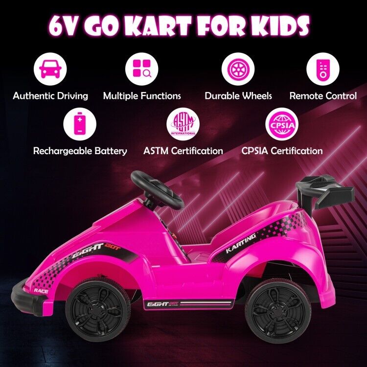 Kid's Pink 6V Battery Powered Go Kart with Remote Control and Safety Belt