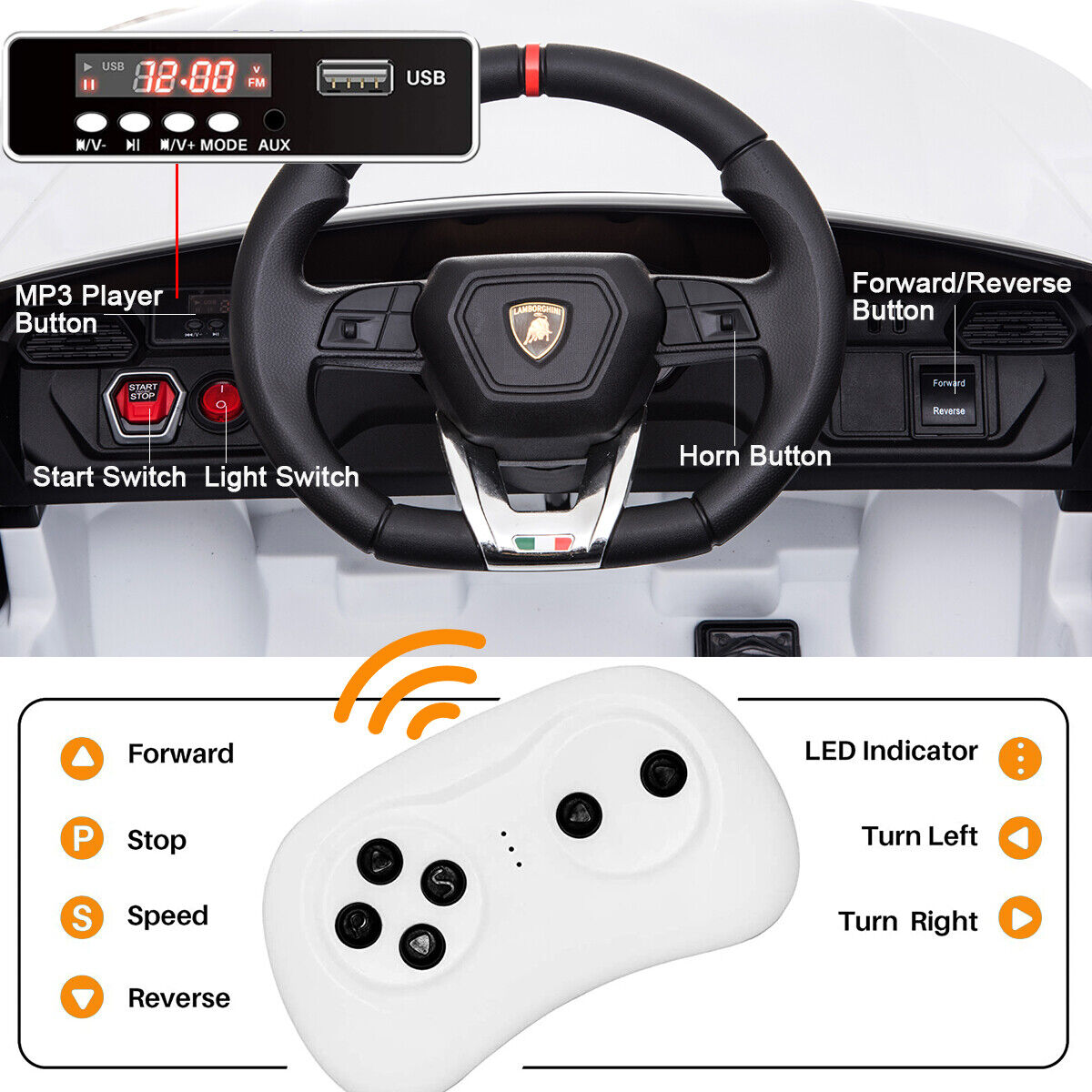 Kimbosmart 12V Lamborghini Licensed Electric Ride-On Car with Remote Control for Kids - Perfect Gift for Young Drivers