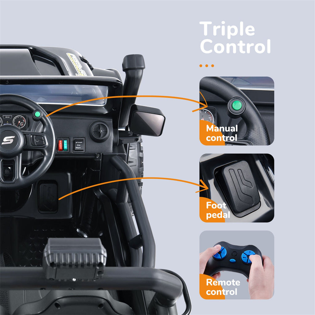 KLOKICK 12V Ride On Truck with MP3 Player, Parent-child Remote Control, and LED Lights in Black/Red