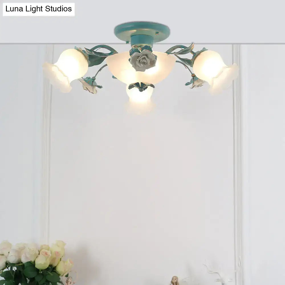 Korean garden flower teal frost glass ceiling light bedroom