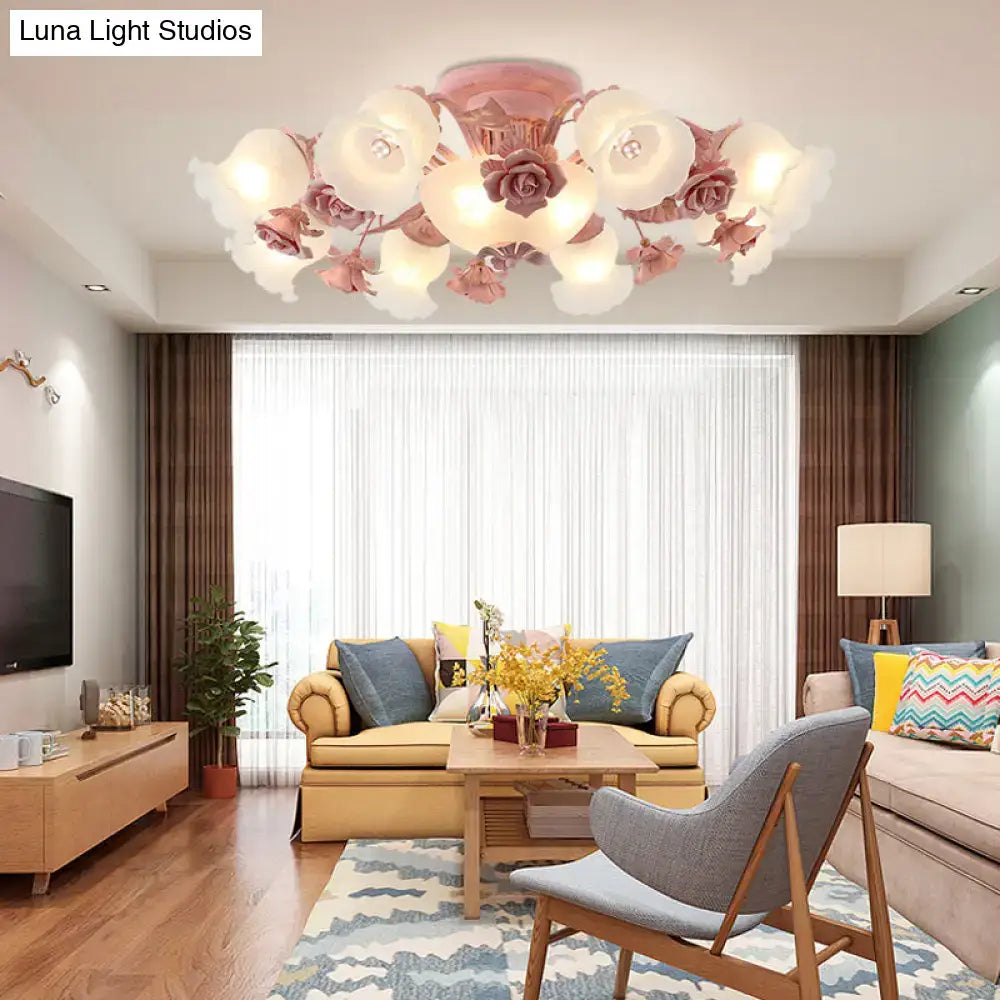 Korean garden flower teal frost glass ceiling light bedroom