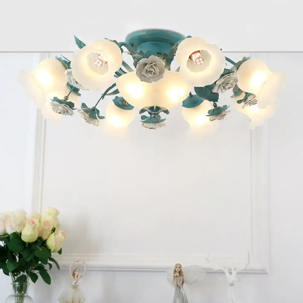 Korean garden flower teal frost glass ceiling light bedroom