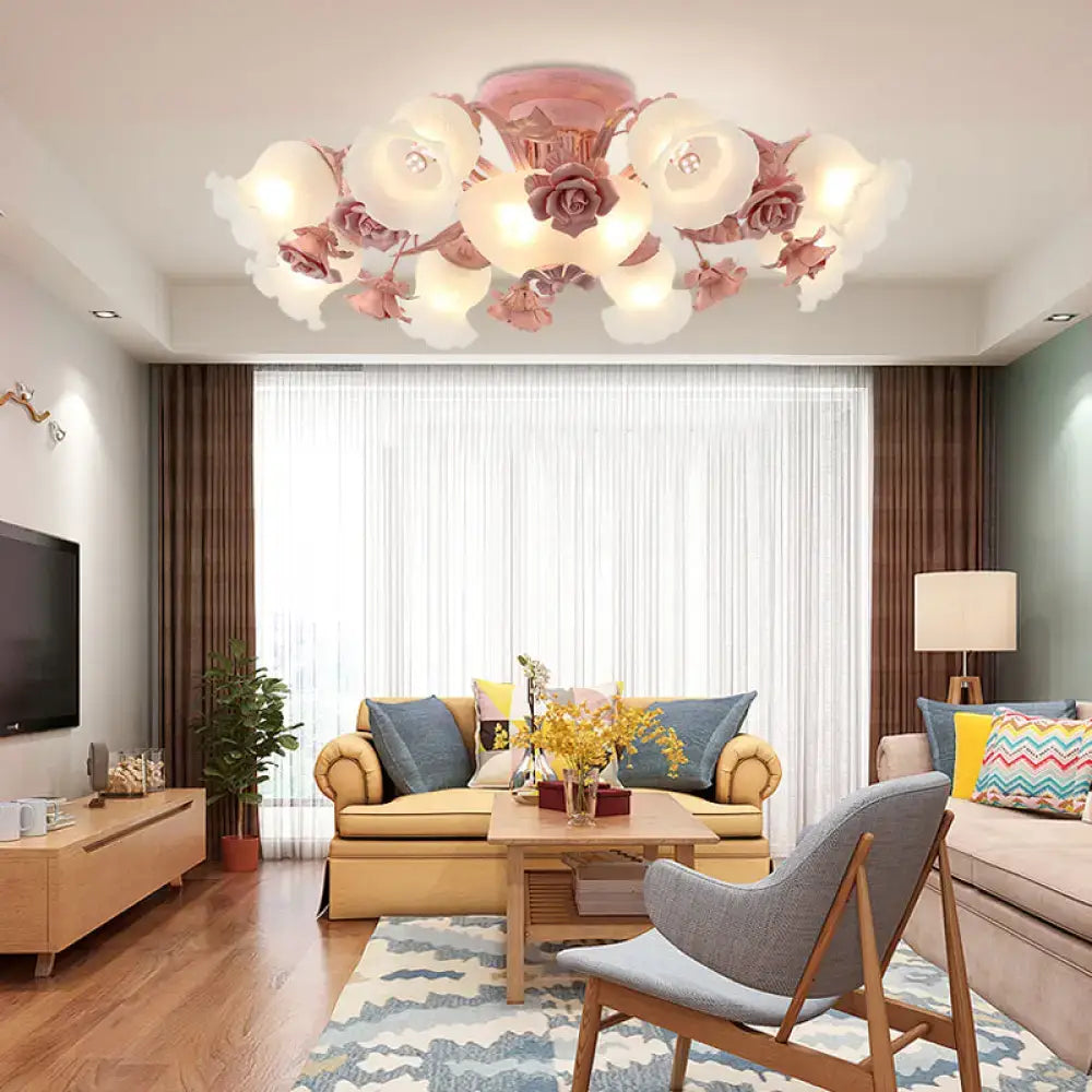 Korean garden flower teal frost glass ceiling light bedroom