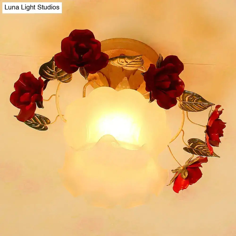 Korean garden ruffle frost white glass ceiling light bedroom rose deco