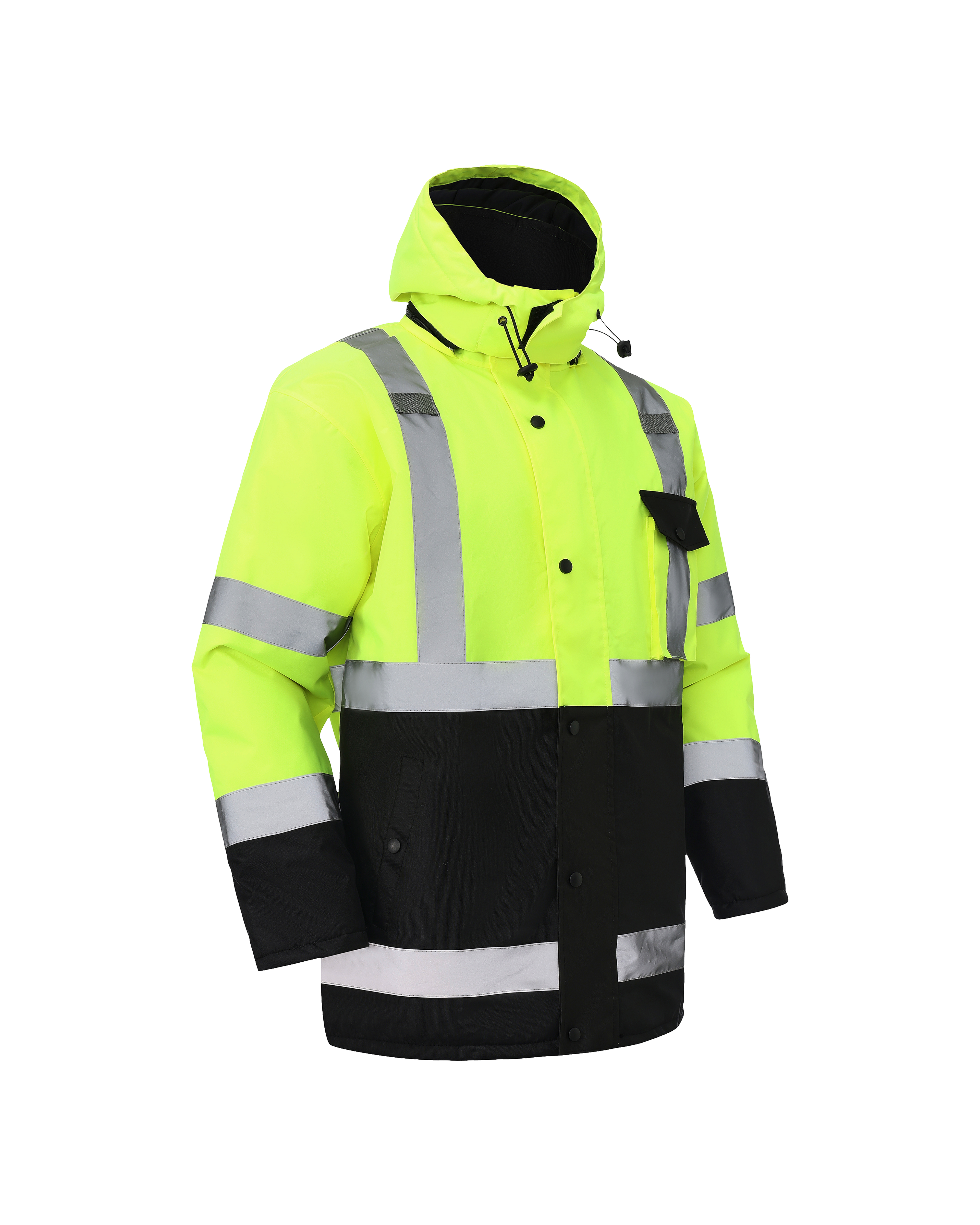 Kiwi High Visibility Hooded & Quilt Lined ANSI/ISEA 107-2020, Type R, Class 3 Two Tone Water Resistant Neon Safety Jacket [R71300]
