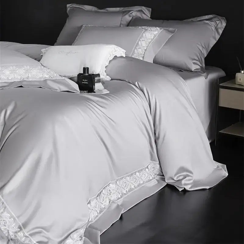Lavender & silver lace embroidery bedding set bedroom luxe satin