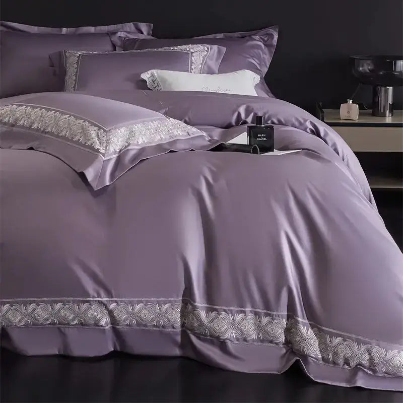 Lavender & silver lace embroidery bedding set bedroom luxe satin