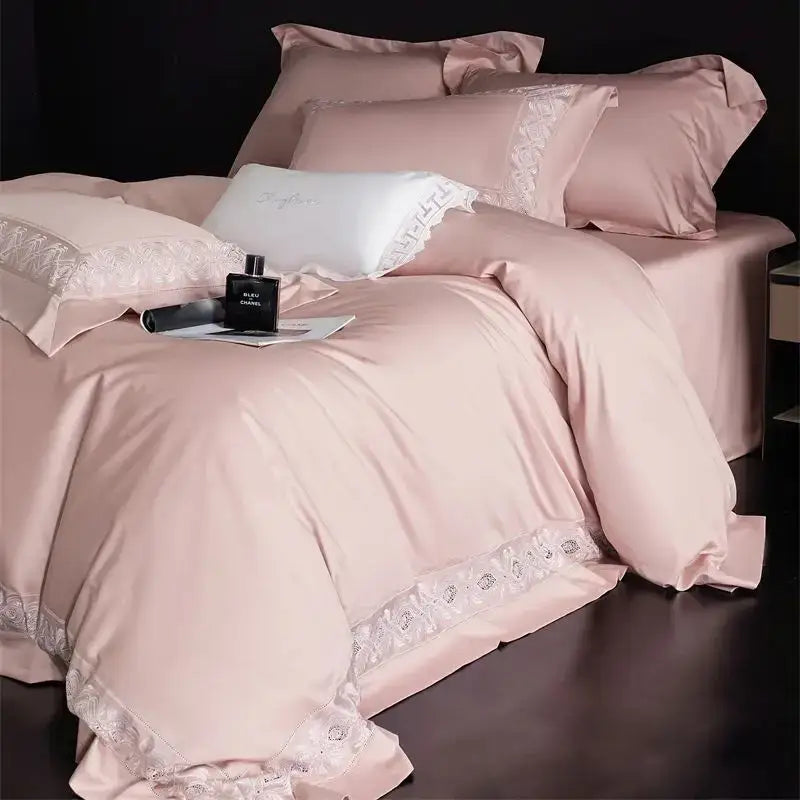 Lavender & silver lace embroidery bedding set bedroom luxe satin