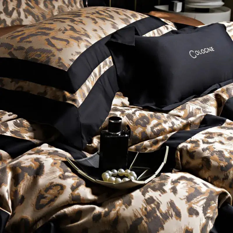 Leopard jacquard black & gold lyocell cotton bedding set bedroom