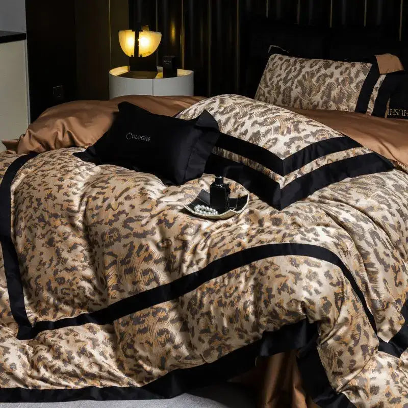 Leopard jacquard black & gold lyocell cotton bedding set bedroom